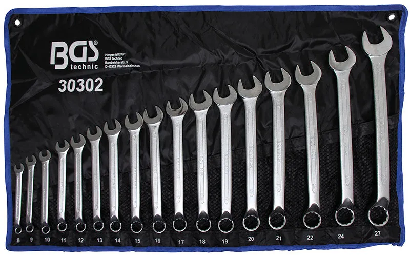 SET 17 PEZZI, CHIAVI COMBINATE BOCCA POLIGONALE CURVA 10°, 8-27 MM BGS30302